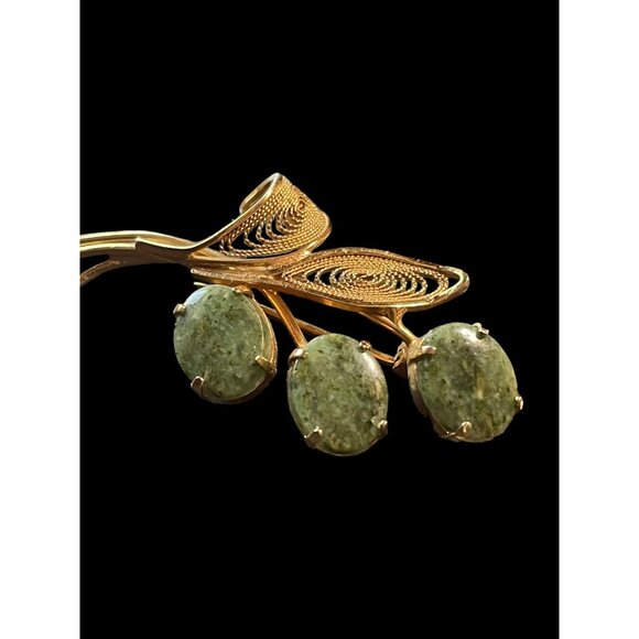Vintage 10k Gold Filled with Nephrite Jade Stones Floral Filigree Brooch Pin - Picture 4 of 5